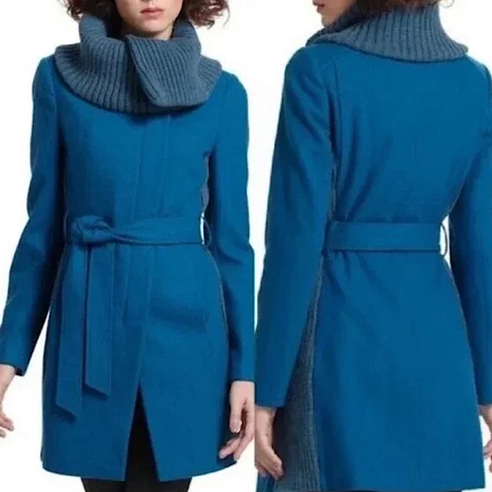 Elevenses Anthropologie Coat Women 6 Teal Wool Blend‎ Ribbed Shawl Collar Belted